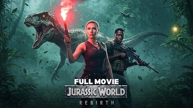 Scarlett Johansson in Jurassic World Rebirth poster with T-Rex dinosaur